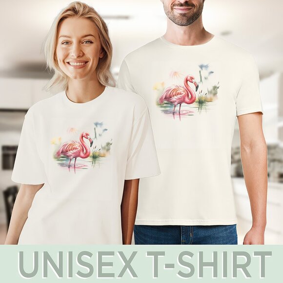 Pink Flamingo Graphic Tee Watercolor Bird Standing in Water Shirt - Picture 5 of 7